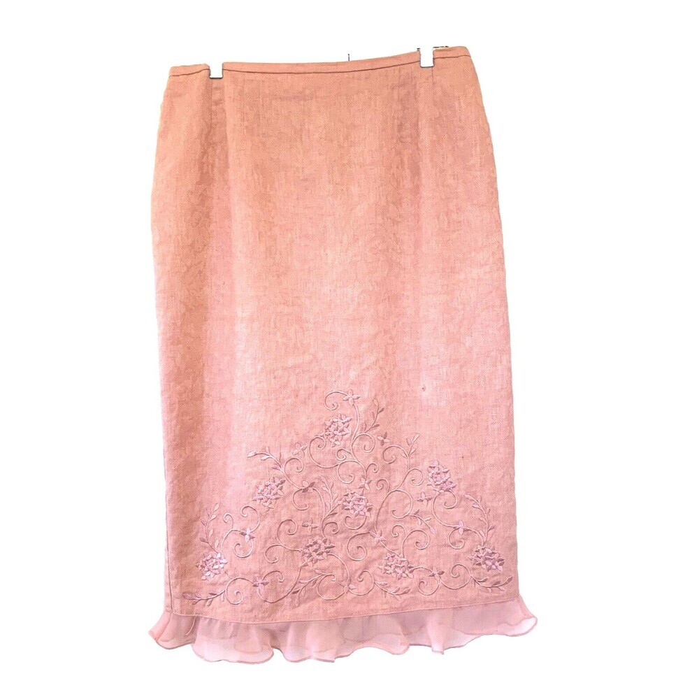 Plaza Collection Skirt Women 14 Pink Linen Blend Embroidered Sheer Ruffle Hem